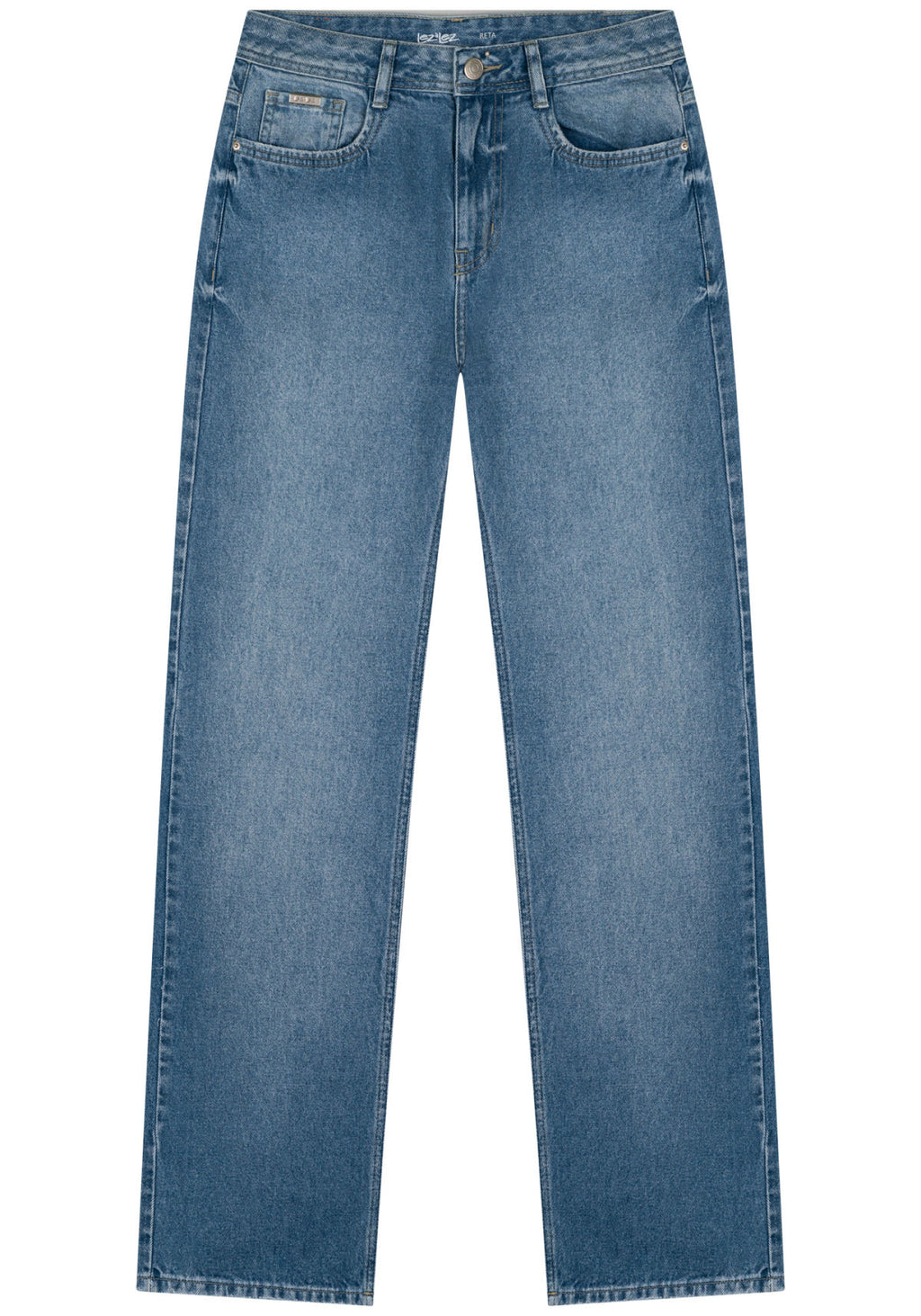 Calça Jeans Reta Com Cintura Alta E Bolsos