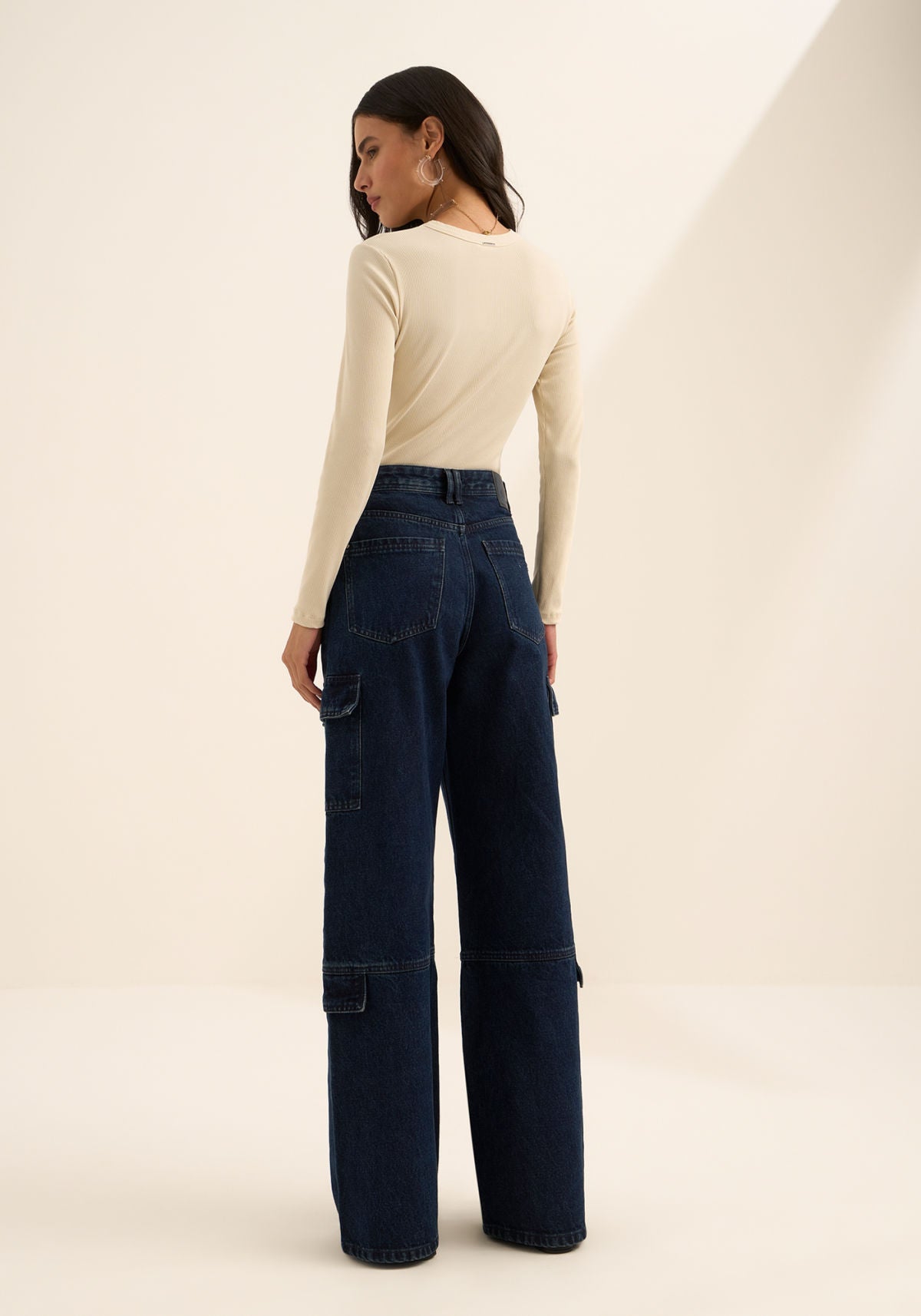 Calça Jeans Wide Leg Bolsos Cargo Lez A Lez Feminino 1643E