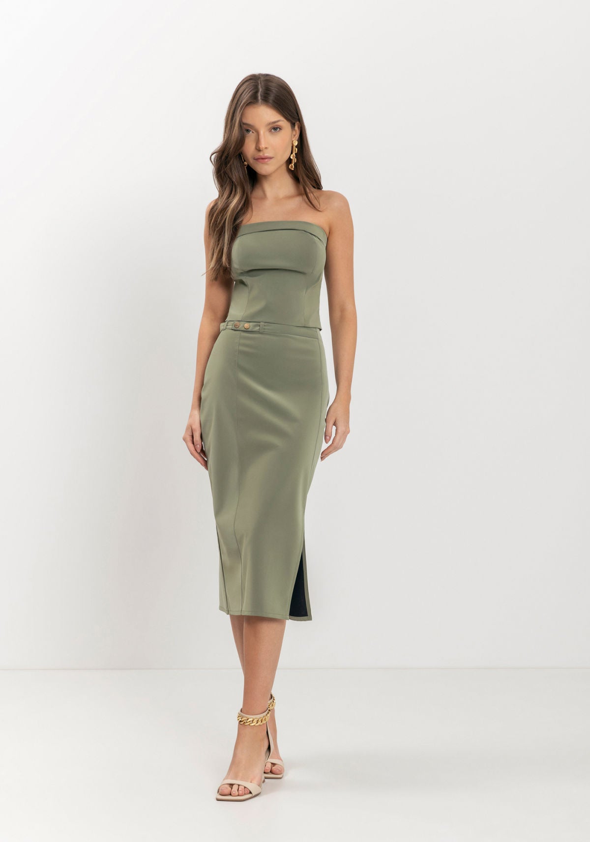 Saia Midi De Cintura Alta Com Fenda Lez A Lez Feminino 9084E