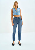 Calça Jeans Mom Destroyed Cintura Lez A Lez Feminino 9391L