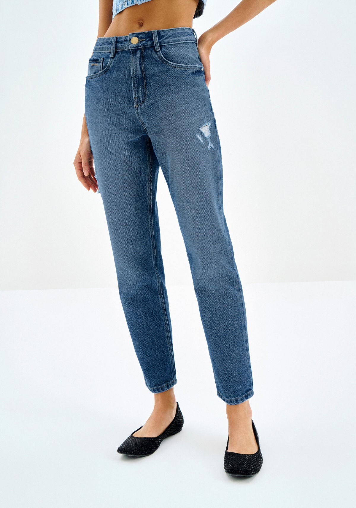 Calça Jeans Mom Destroyed Cintura Lez A Lez Feminino 9391L