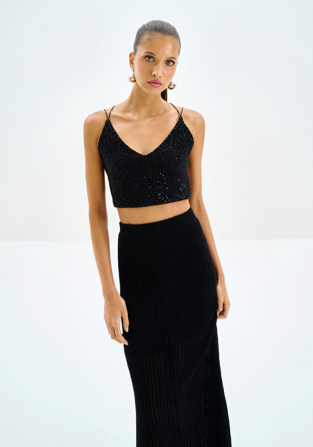 Blusa Cropped em Paetês com Recorte Lez A Lez Feminino 7707L