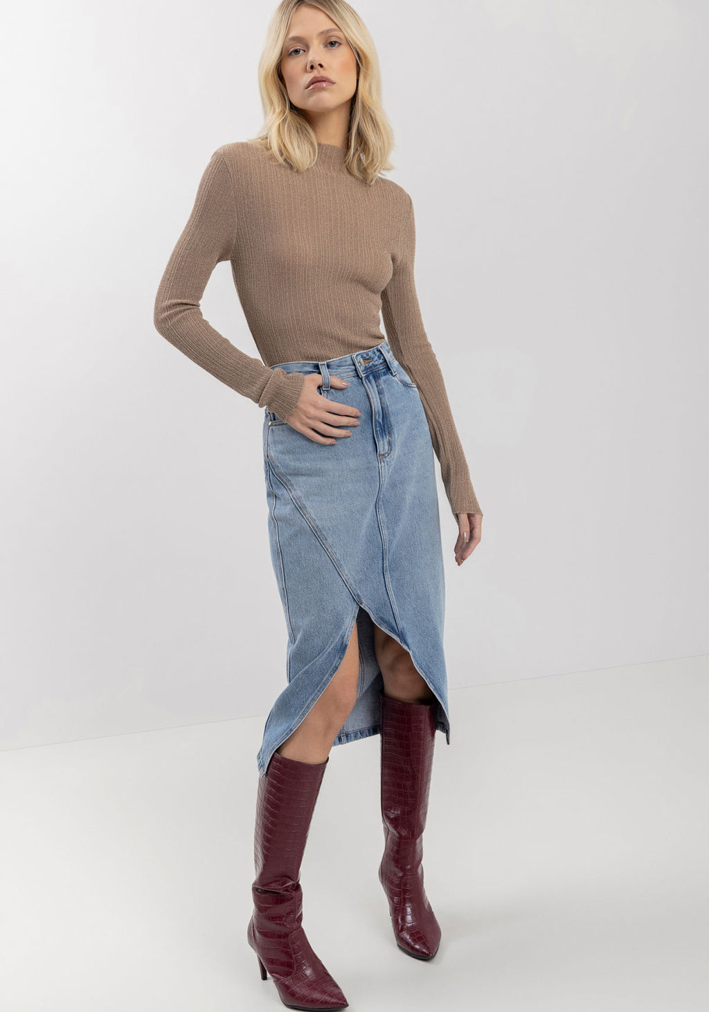 Saia Jeans Midi Com Cintura Alta Lez A Lez Feminino 0852E