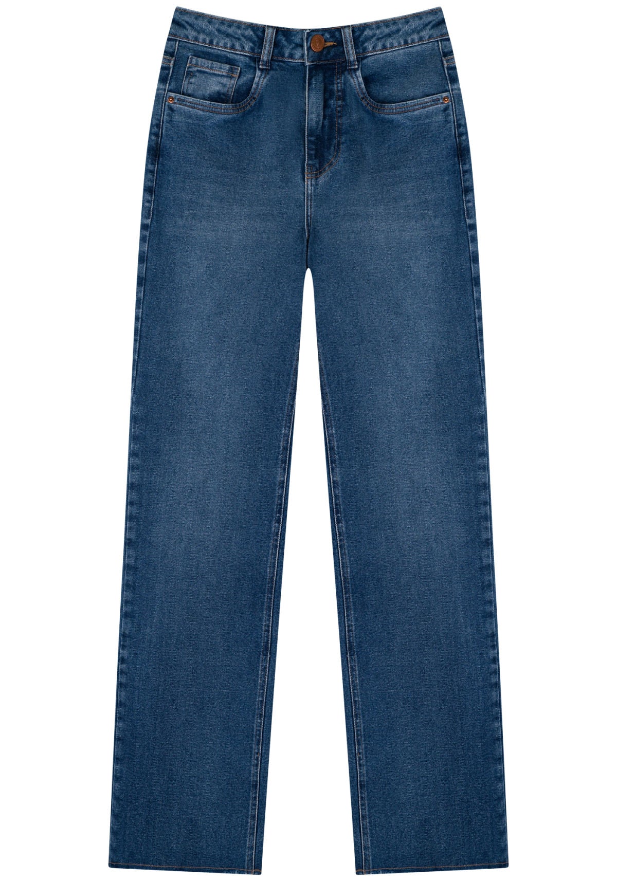 Calça Jeans Reta Com Cintura Alta E Barras A Fio