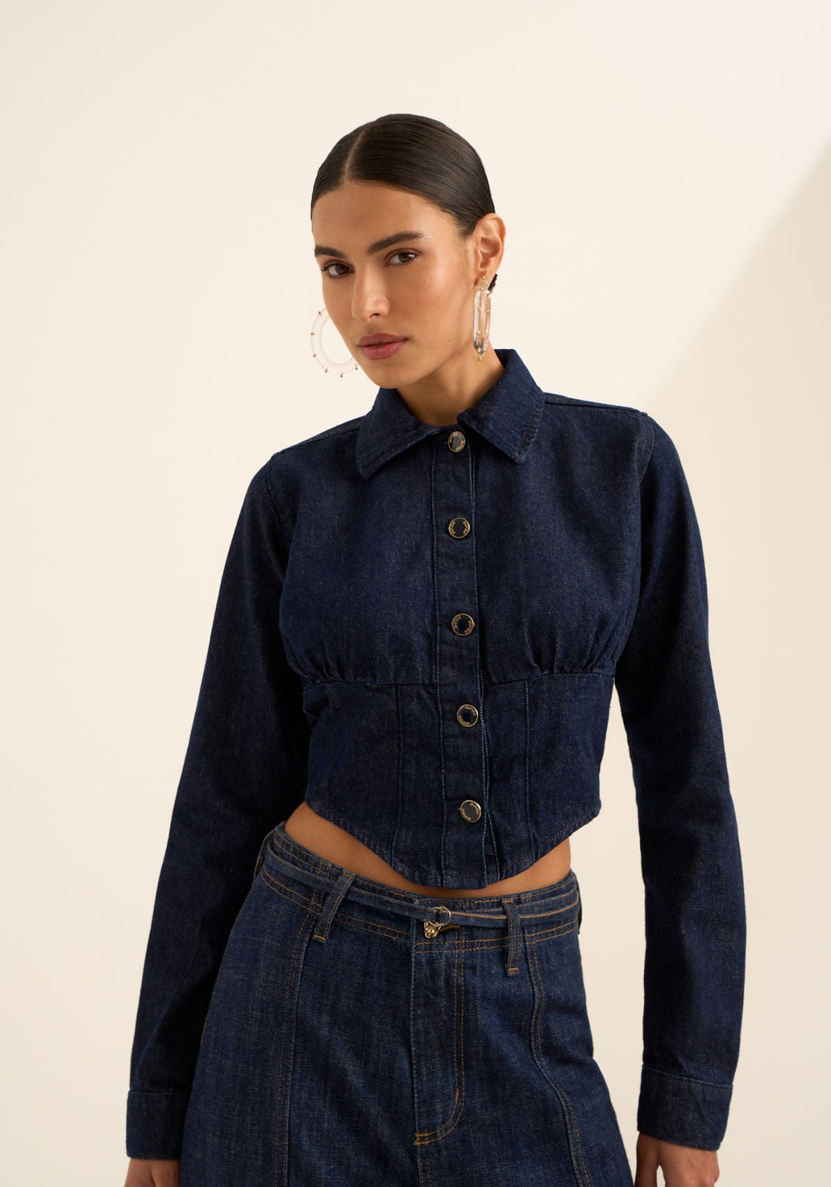 Camisa Cropped Jeans Com Mangas Lez A Lez Feminino 0987E