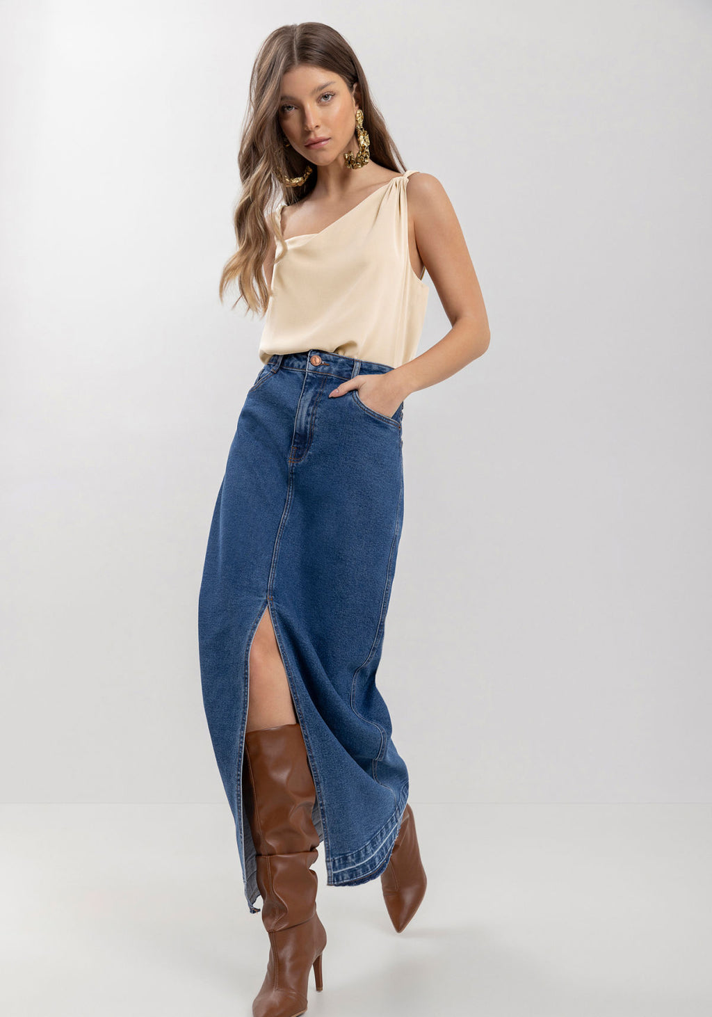 Saia Jeans Longa Com Fenda Frontal Lez A Lez Feminino 0847E