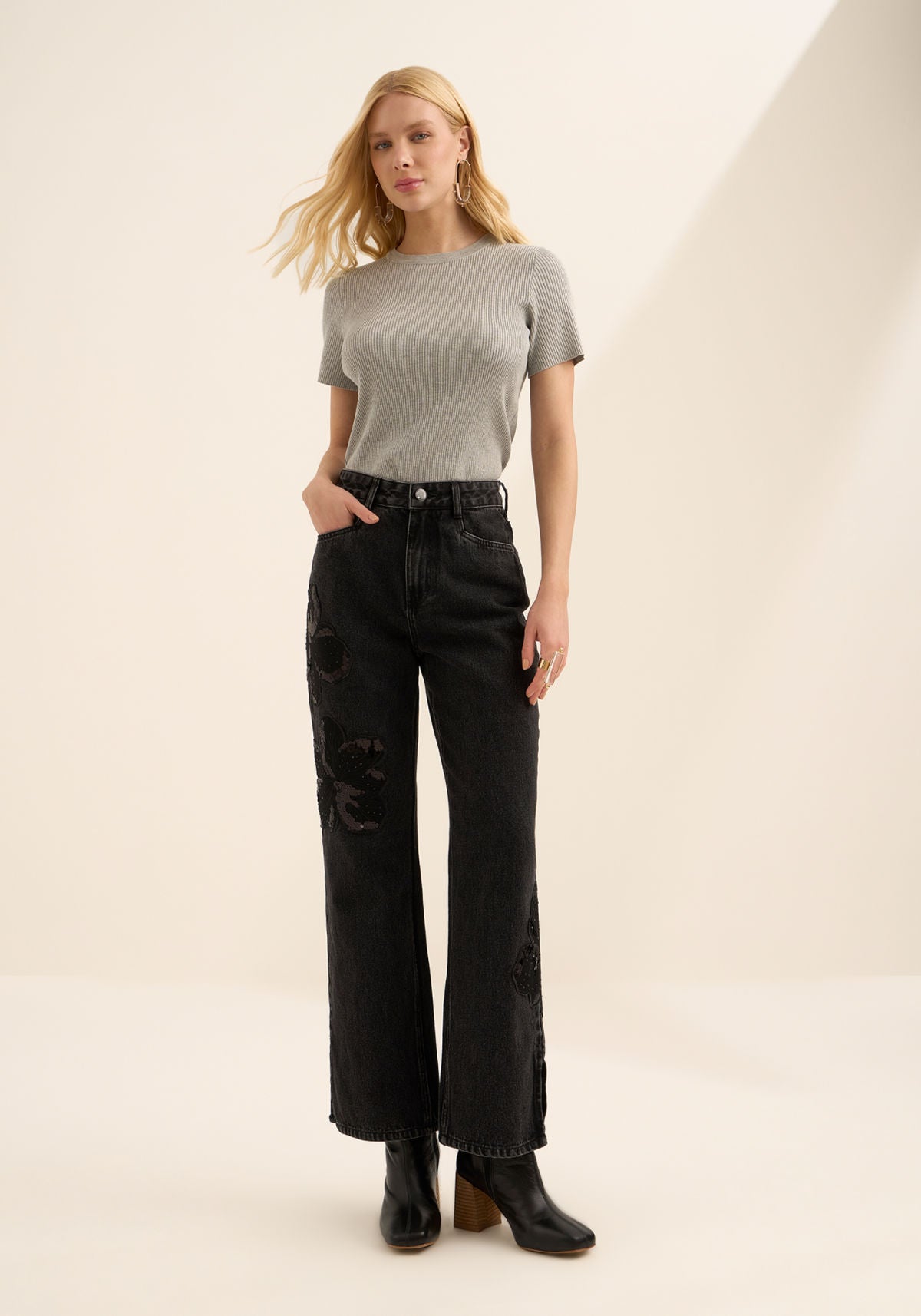 Calça Reta Cropped Jeans Com Maxi Lez A Lez Feminino 1640E