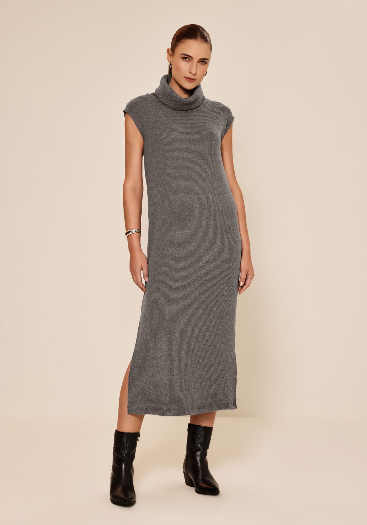 Vestido Canelado De Mangas Curtas Lez A Lez Feminino 7895E