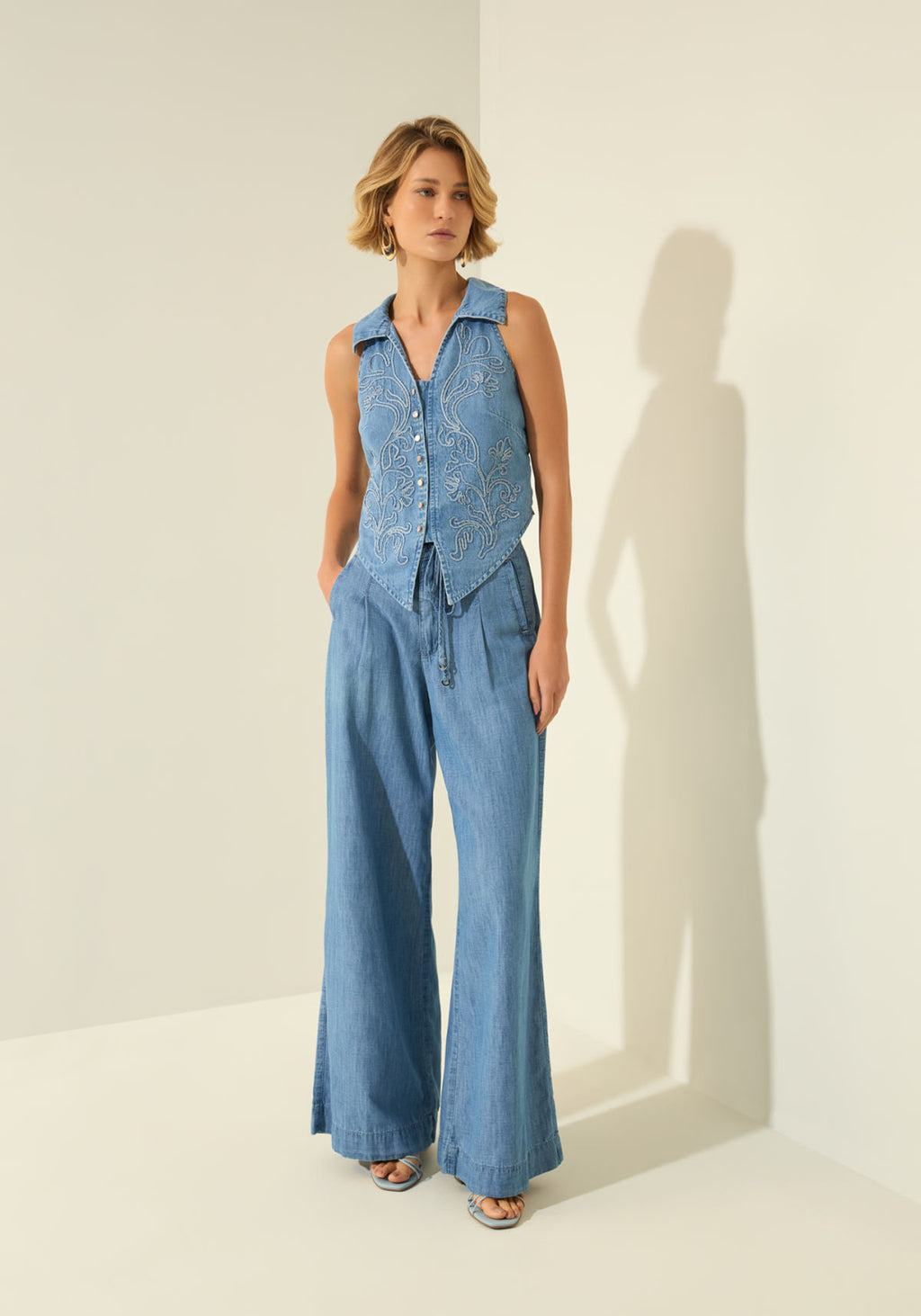 Camisa Jeans Bordada Com Botões Lez A Lez Feminino 0172E