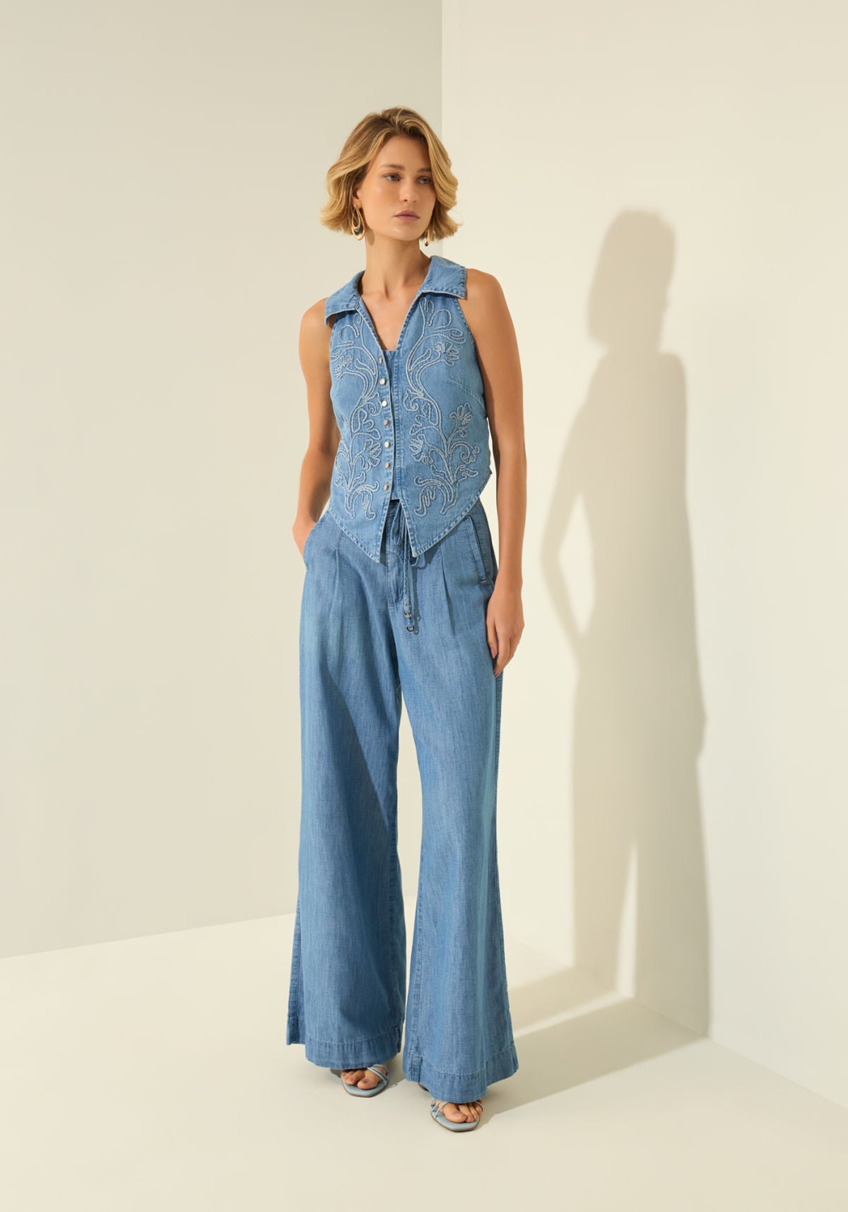 Camisa Jeans Bordada Com Botões Lez A Lez Feminino 0172E