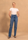 Calça Jeans Reta Com Cintura Alta E Barras A Fio