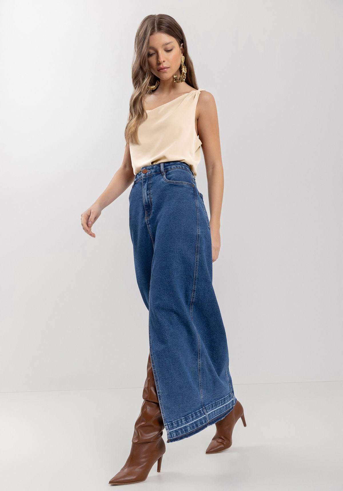 Saia Jeans Longa Com Fenda Frontal Lez A Lez Feminino 0847E