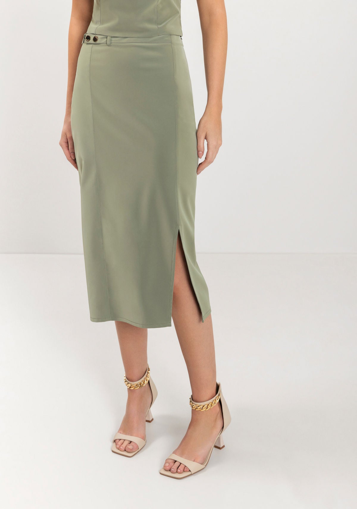 Saia Midi De Cintura Alta Com Fenda Lez A Lez Feminino 9084E