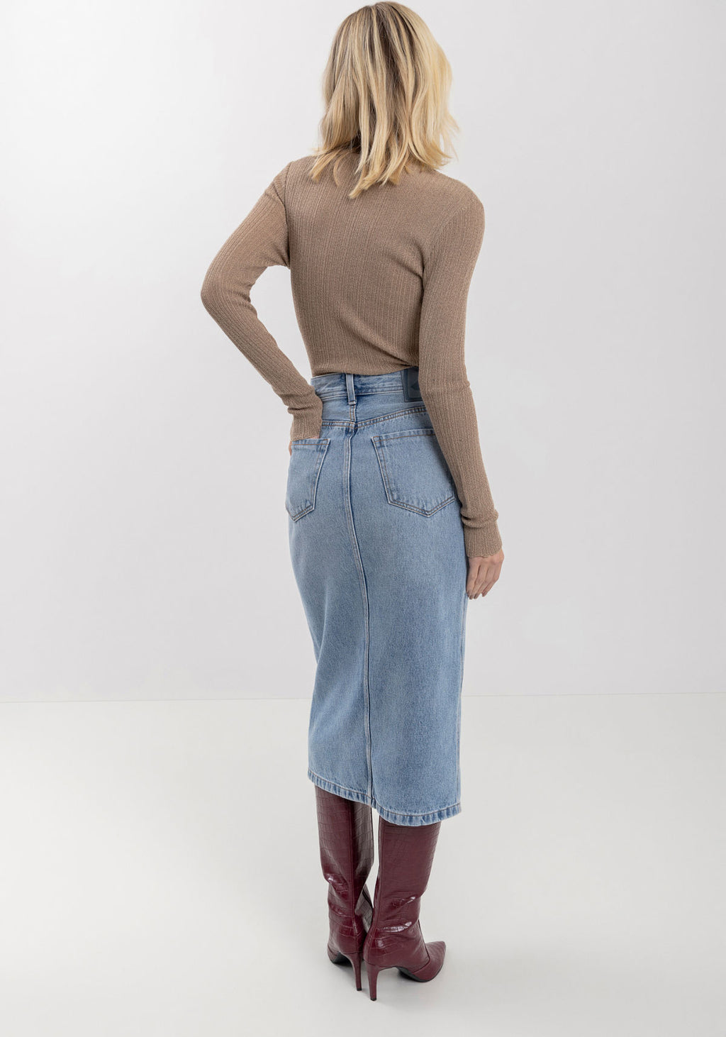 Saia Jeans Midi Com Cintura Alta Lez A Lez Feminino 0852E