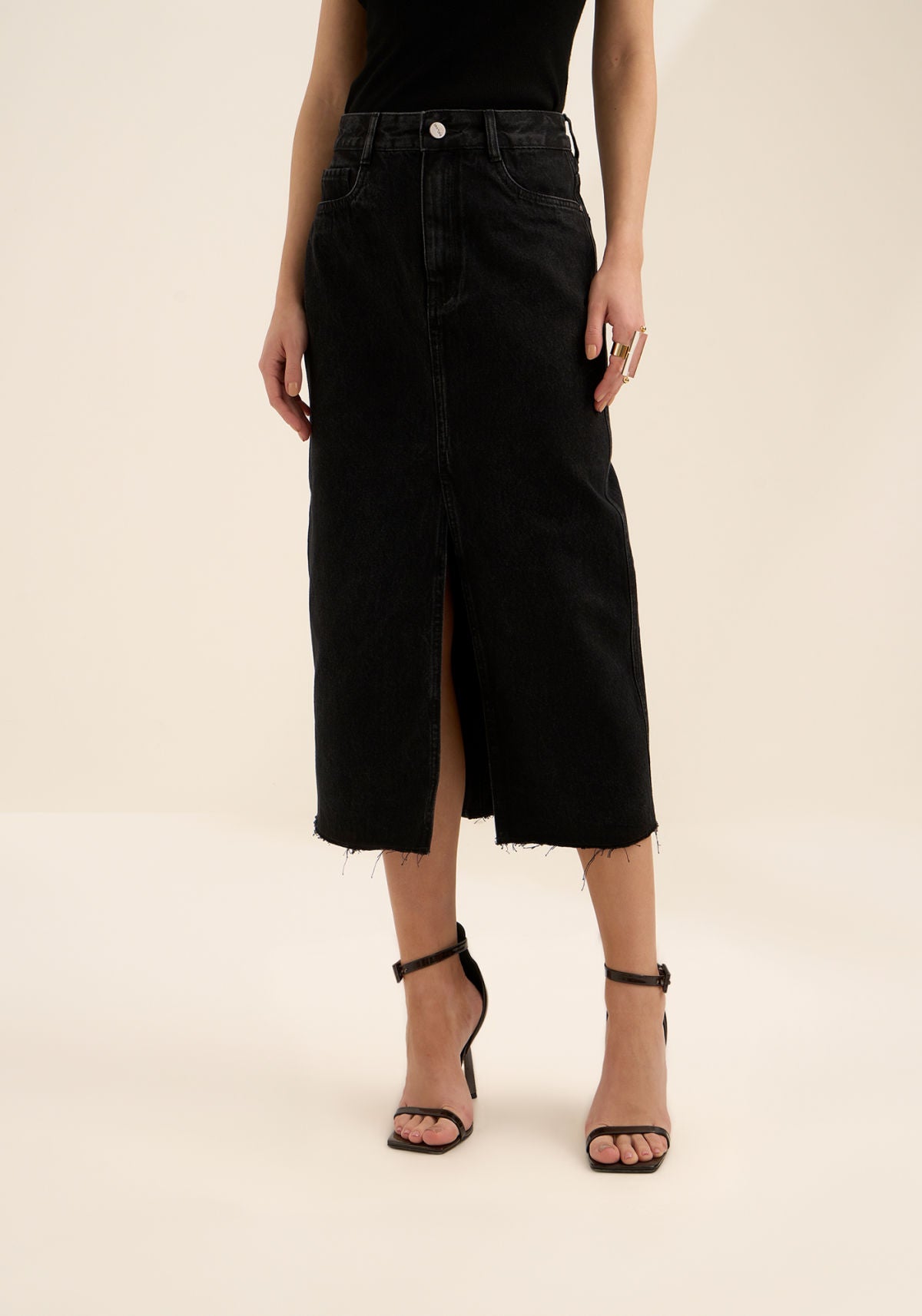 Saia Midi Jeans De Cintura Alta Lez A Lez Feminino 1679E