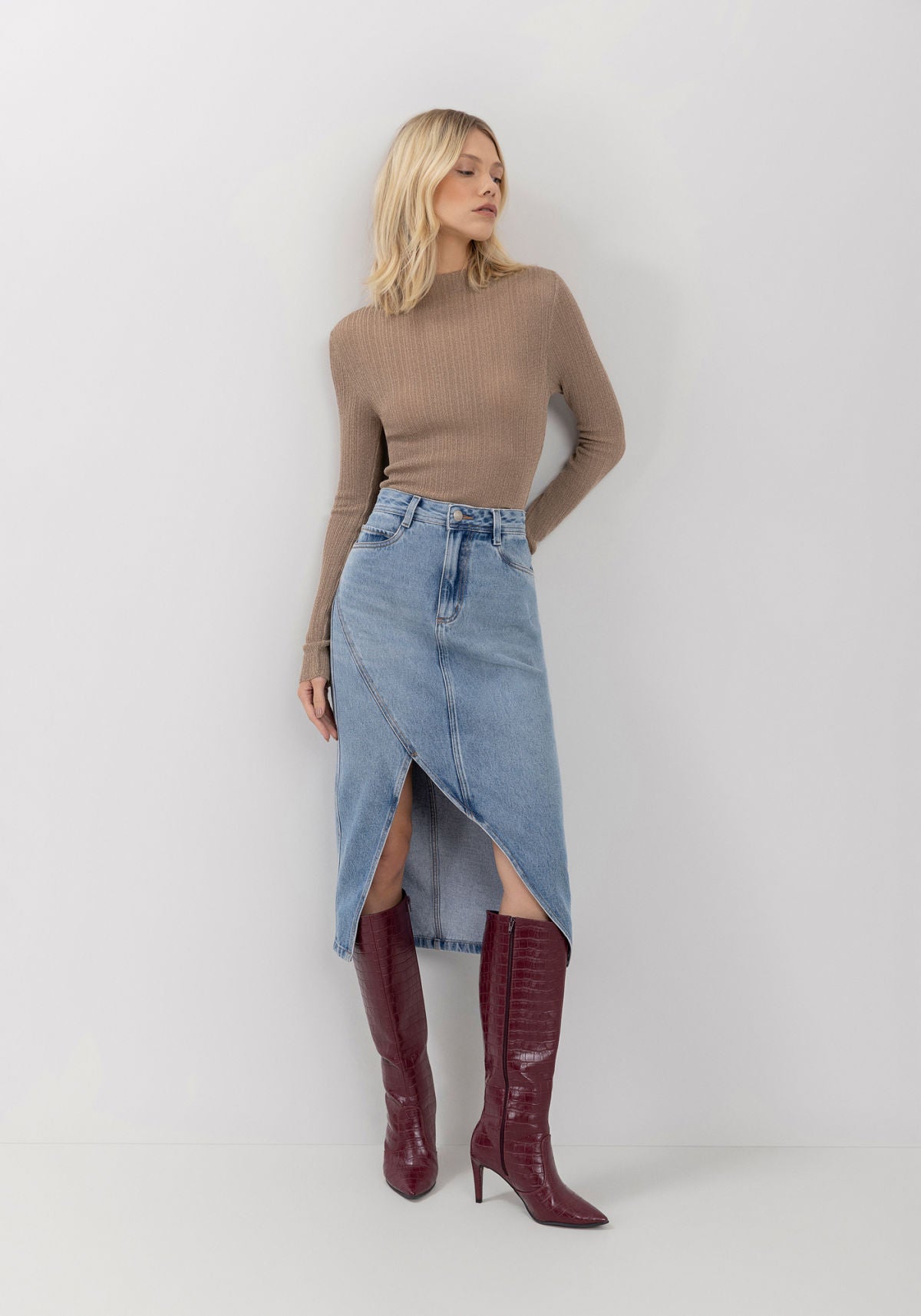 Saia Jeans Midi Com Cintura Alta Lez A Lez Feminino 0852E