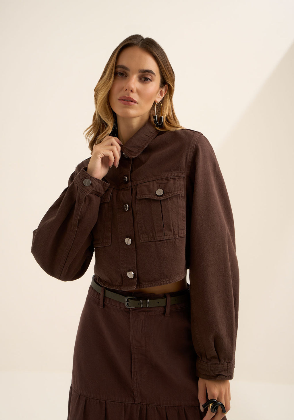 Jaqueta Cropped Em Sarja Com Bolsos Lez A Lez Feminino 1680E