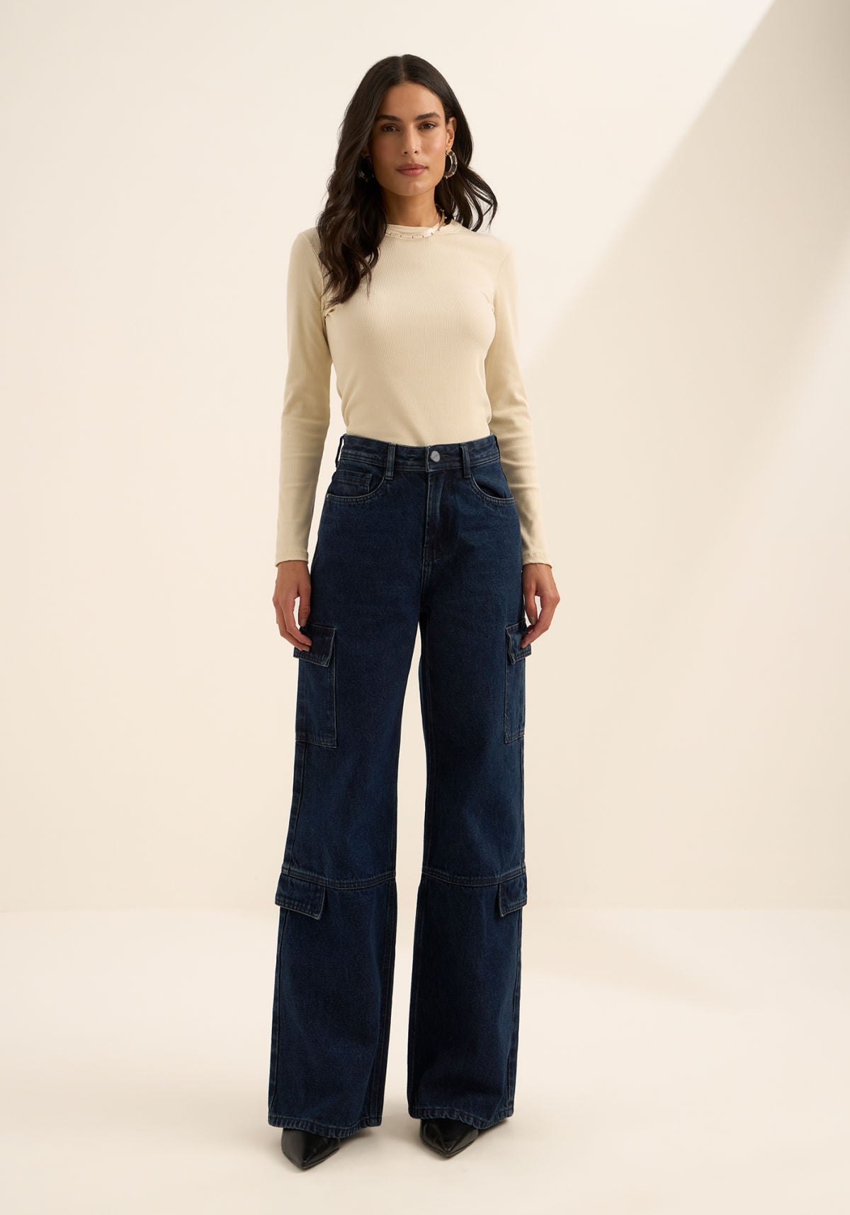 Calça Jeans Wide Leg Bolsos Cargo Lez A Lez Feminino 1643E