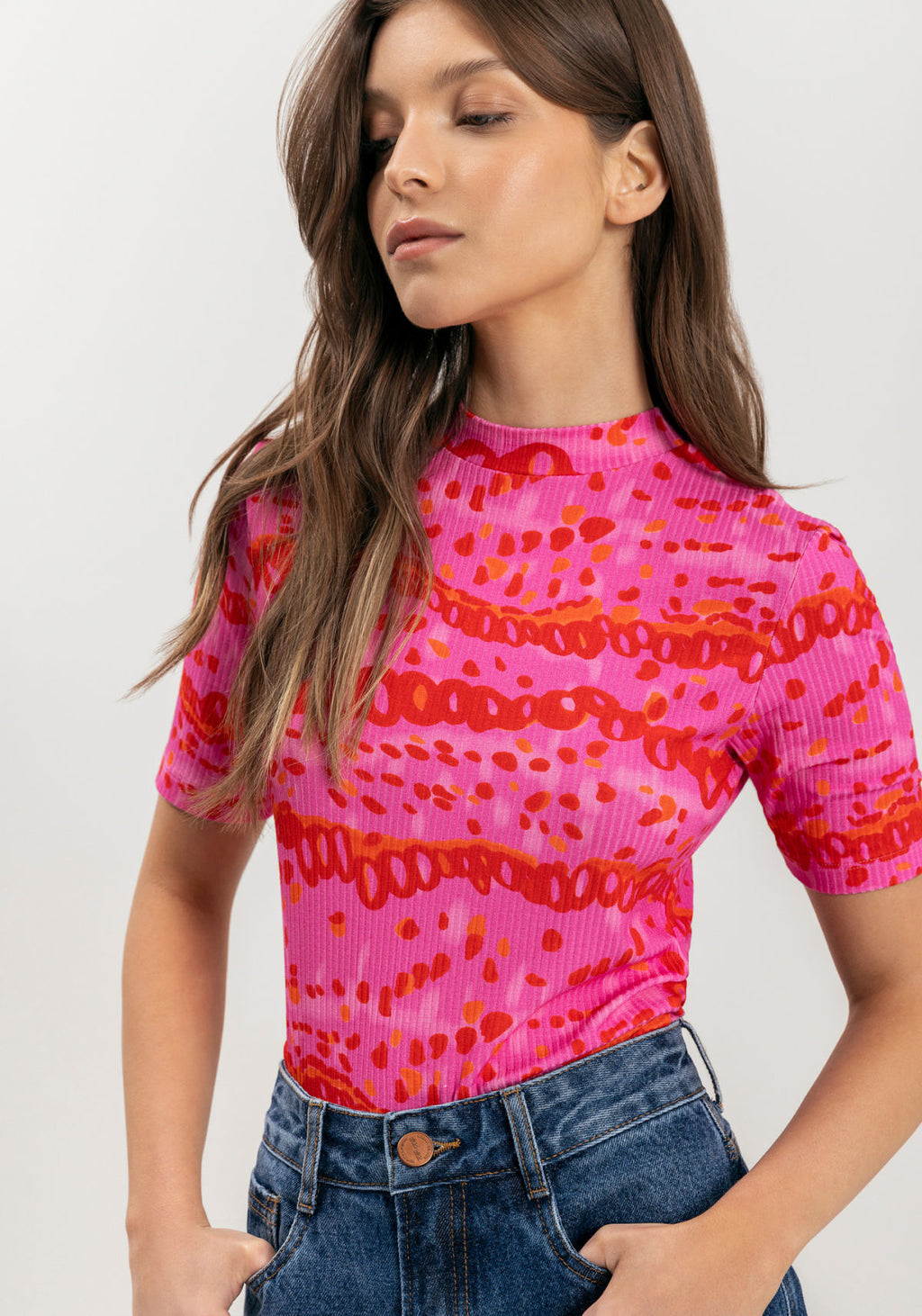 Blusa Estampada Canelada De Mangas Lez A Lez Feminino 9344E