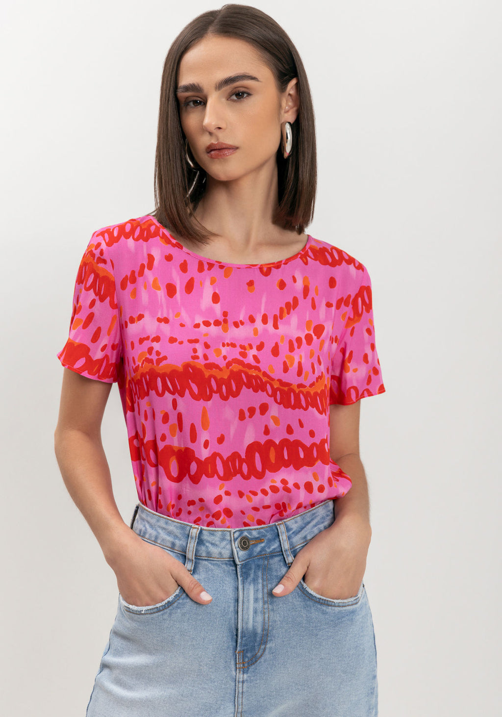 Blusa Estampada Básica De Mangas Lez A Lez Feminino 9203E