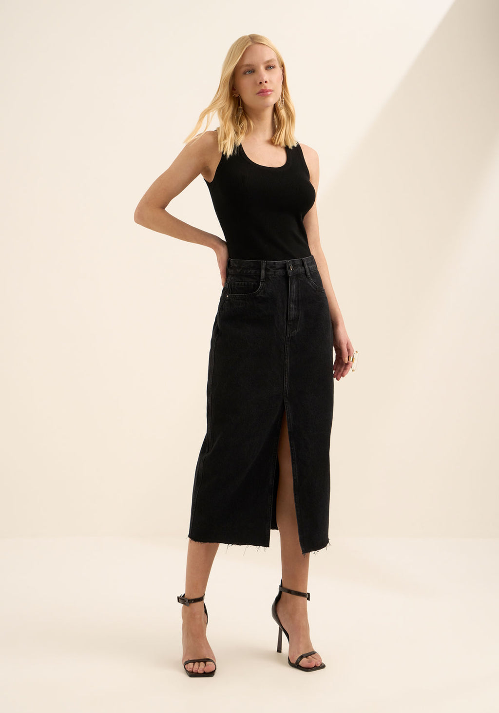 Saia Midi Jeans De Cintura Alta Lez A Lez Feminino 1679E