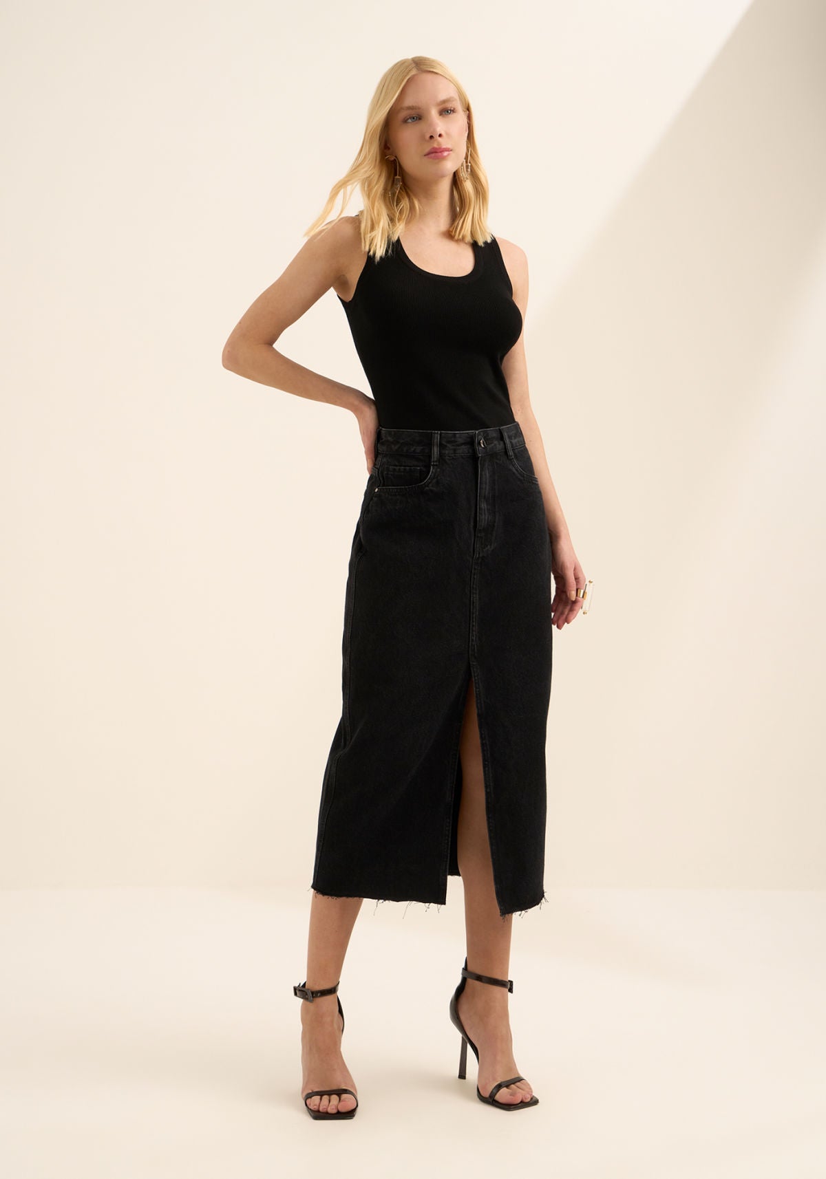 Saia Midi Jeans De Cintura Alta Lez A Lez Feminino 1679E