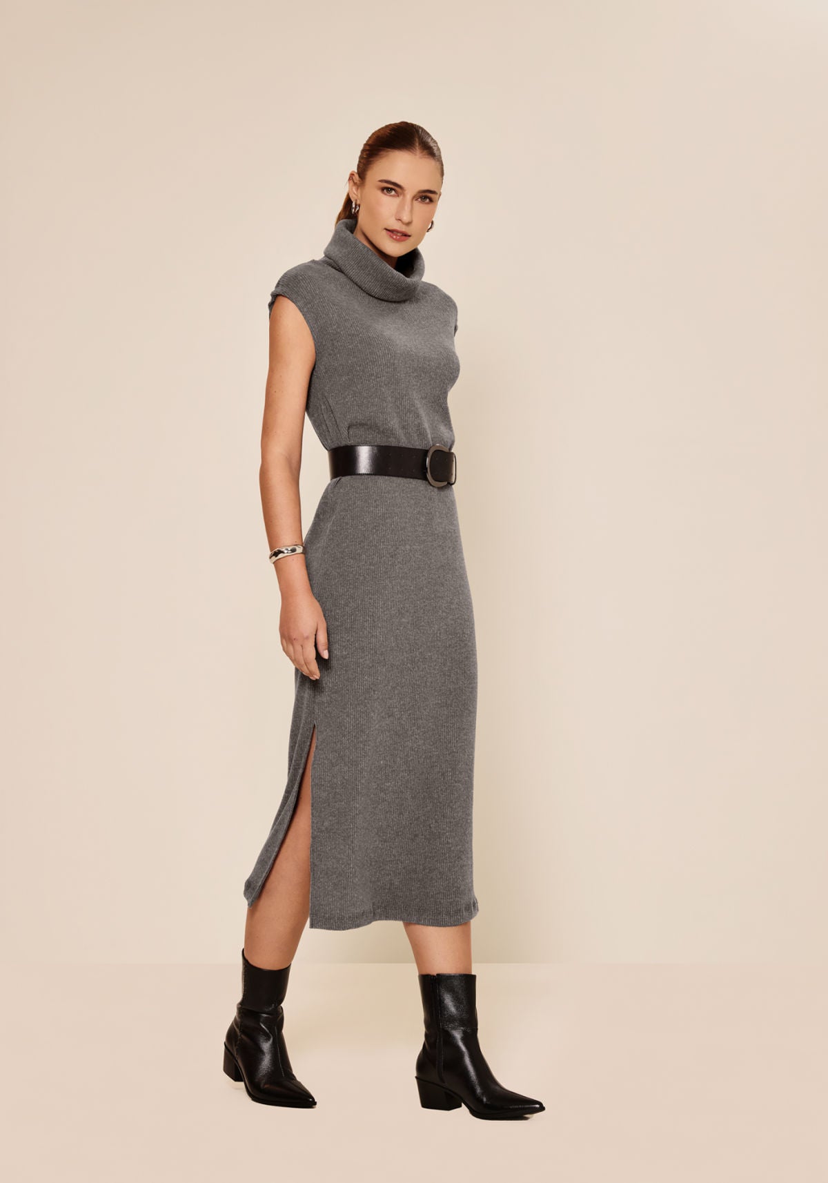 Vestido Canelado De Mangas Curtas Lez A Lez Feminino 7895E