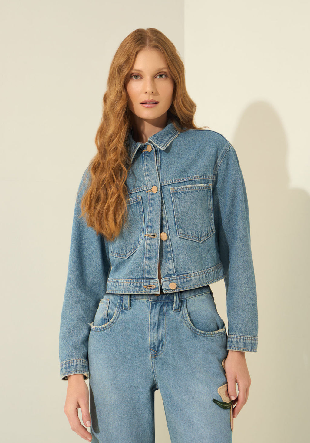 Jaqueta Jeans Com Bolsos E Maxi Lez A Lez Feminino 0177E