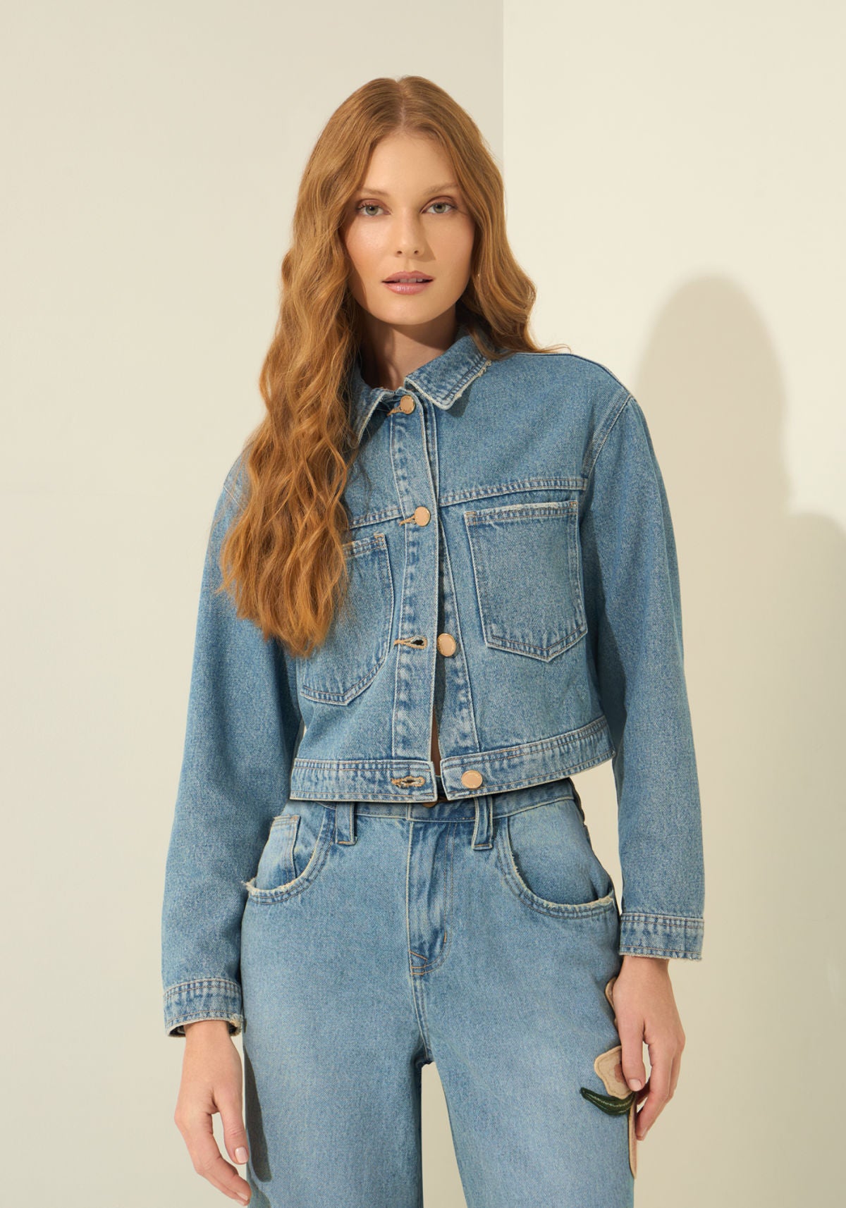 Jaqueta Jeans Com Bolsos E Maxi Lez A Lez Feminino 0177E