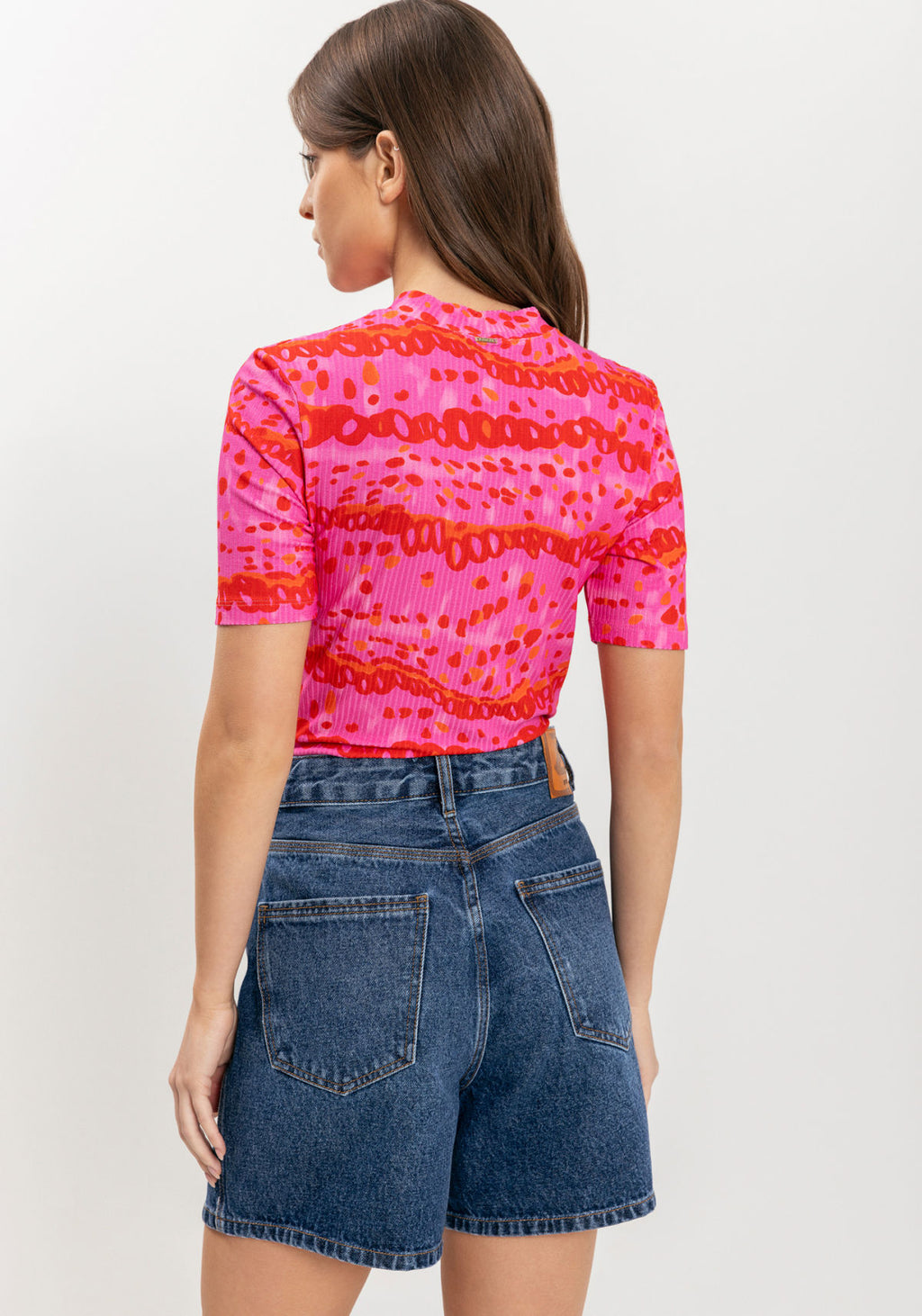 Blusa Estampada Canelada De Mangas Lez A Lez Feminino 9344E