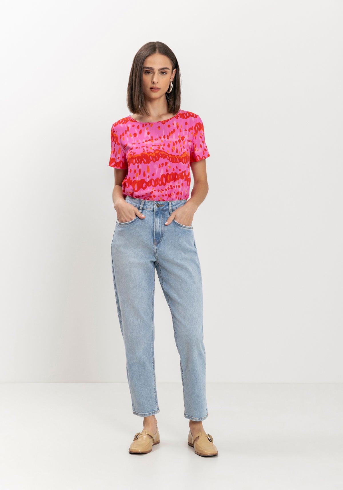 Blusa Estampada Básica De Mangas Lez A Lez Feminino 9203E