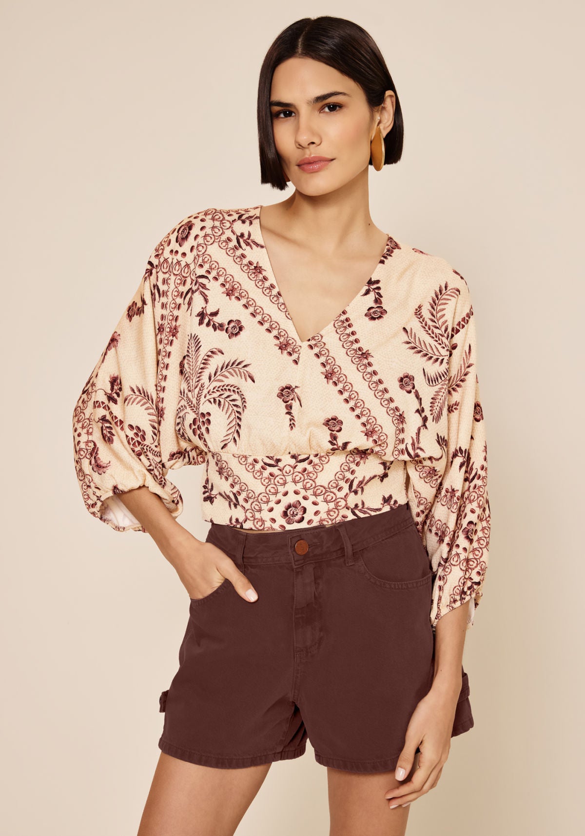 Blusa Estampada Com Mangas 3/4 Lez A Lez Feminino 7844E
